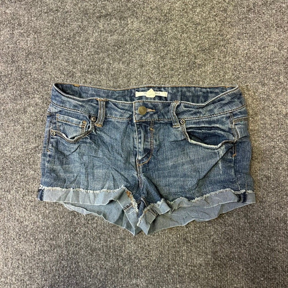 Forever 21 Denim Shorts Womens Size 27 Blue Low Rise Raw Hem Cuffed Stretch